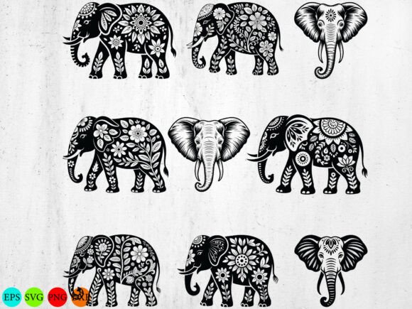 Floral Elephant SVG Bundle,Boho Elephant